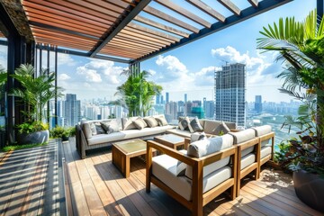 Experience a tropical paradise on this rooftop terrace, complete with wooden pergola and lush greenery against a city backdrop
