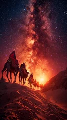 Fototapeten Starry desert night with caravan of camels © David