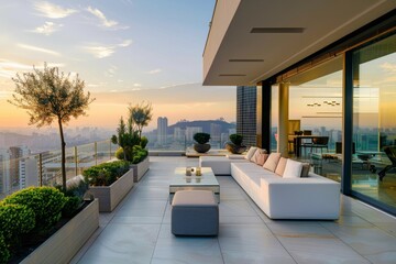 This evocative image offers a sunset view from a luxury apartment balcony, highlighting the blend of nature and urban living