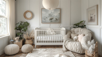 Soft colors evoke tranquility in newborn's nursery retreat - obrazy, fototapety, plakaty