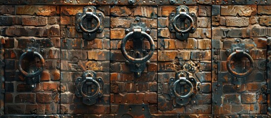 A close-up view of a metal door set within a sturdy medieval brick wall, showcasing the rugged texture and details of the aged materials.