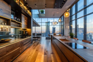 A luxuriously designed kitchen with state-of-the-art fittings and panoramic city views, ideal for modern living