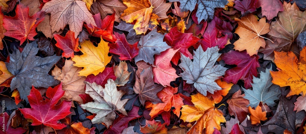Poster a collection of assorted leaves scattered and laying on the ground, forming a vibrant cluster of col