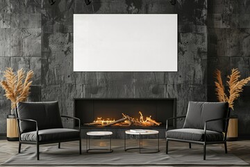 poster mockup, white frame. In a modern living room interior with a fireplace and armchairs