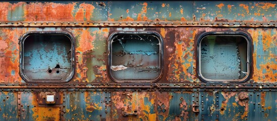 An old rusted train car with four windows, showing signs of decay and abandonment.