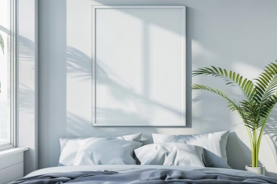 poster mockup, white frame. In a modern bedroom interior in light colors