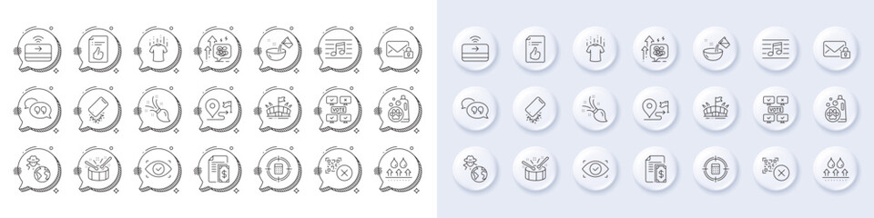Quote bubble, Brush and Musical note line icons. White pin 3d buttons, chat bubbles icons. Pack of Qr code, Approved document, Stress grows icon. Vector