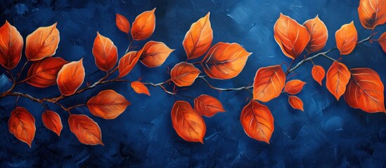 A painting featuring vivid orange leaves set against a striking blue background, creating a bold contrast in colors.