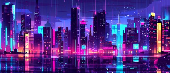 Futuristic cyberpunk cityscape with neon reflections - obrazy, fototapety, plakaty