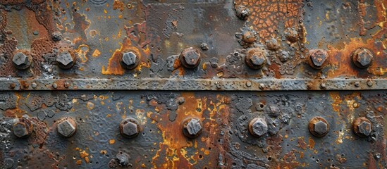 Close-up of a weathered metal surface covered in rust and numerous rivets.