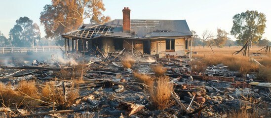 Fototapeta premium A devastated house, burnt down from a fire, stands desolate in the middle of a field with charred debris scattered around.