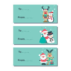 Christmas present tags with reindeer, Santa, snowman on blue background.