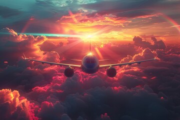 Airplane flying above amazing clouds in clear blue sky with rainbow and sun rays.