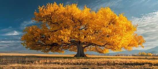A large ginkgo tree with vibrant yellow leaves standing tall in a field, showcasing the beauty of autumn.