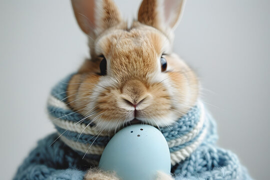 a cute beige rabbit is carrying the azure Easter egg, Rabbit is wearing blue jacket with buttons and striped scarf, smilecore, cutecore, bold colors, white background