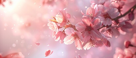 Delicate cherry blossoms on branch in soft light