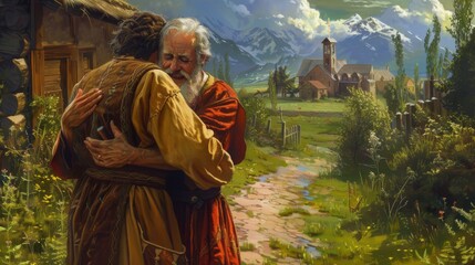 Illustration of the prodigal son returning to his father with a warm and forgiving embrace in a rural setting. - obrazy, fototapety, plakaty