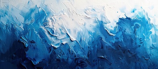An abstract painting featuring blue and white colors in a dynamic composition with fluid brushstrokes and contrasting tones. - obrazy, fototapety, plakaty