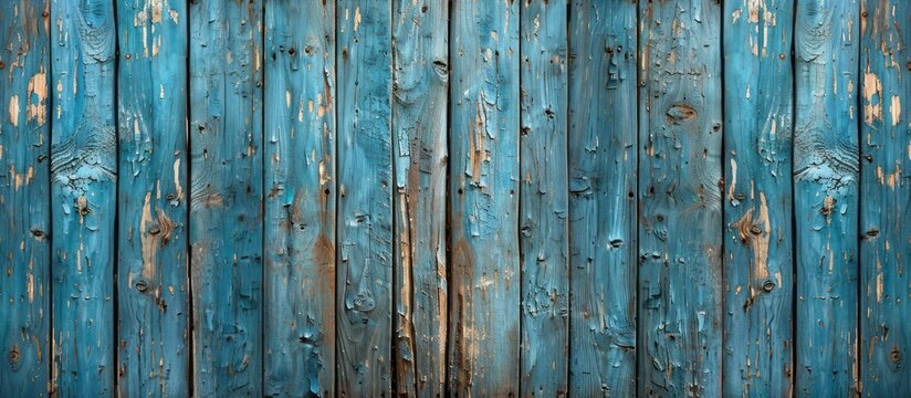 Close-up Of A Blue Wooden Wall With Paint Peeling Off, Revealing The Natural Wood Grains Underneath. The Weathered Appearance Adds Character To The Structure.