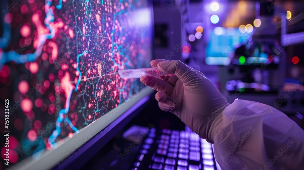 Poster scientist analyzing digital dna sequence in lab