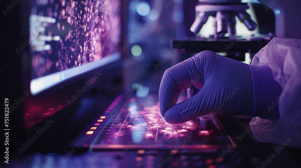 Poster scientist analyzing digital dna sequence in lab