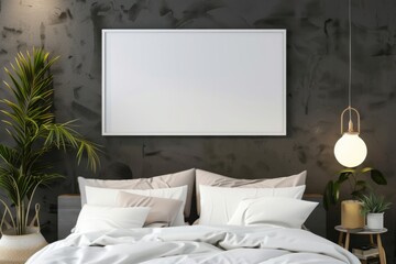 poster mockup, white frame. In a modern bedroom interior