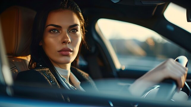 Focused woman driving car during golden hour. portrait of a determined driver. lifestyle and independence. AI