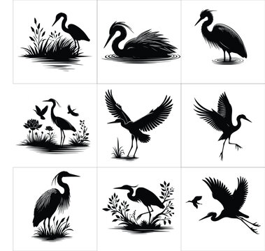 abstract  black heron bird clipart silhouette vector illustration set collection .flying taking off and standing herons isolated on white background