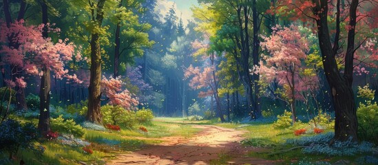 A painting of a dirt road winding through a dense forest, with sunlight filtering through the trees.