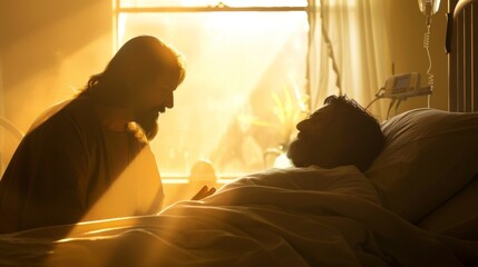 Jesus Christ silhouette comforting a terminally ill patient in a hospice.