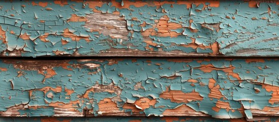 Detailed close-up of peeling paint on a wooden wall, revealing textured layers of deterioration.
