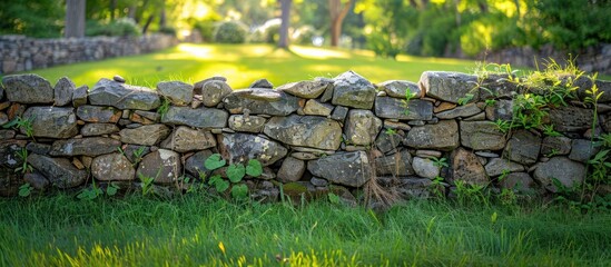 A stone wall stands in the center of a grassy field, moss-covered and surrounded by patches of greenery under the clear sky. - obrazy, fototapety, plakaty