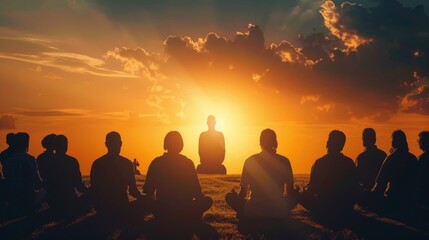 Jesus Christ silhouette leading a group in mindfulness meditation at a city retreat.