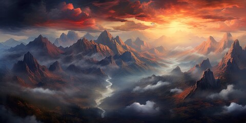 Nature's canvas painted with a fiery sunrise over a rugged mountain range, blanketed in a mystical fog and framed by the ever-changing sky - Powered by Adobe