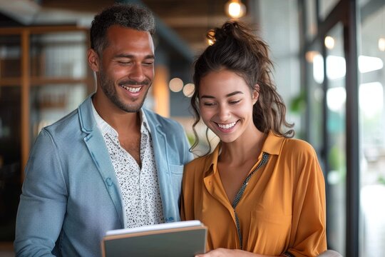 A jovial couple or colleagues reviewing content on a digital tablet together in a bright indoor setting