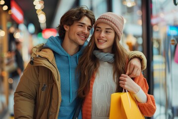 A joyful young couple bundled in winter attire enjoying a shopping day, with bags in hand and mall background