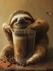 Fototapeta premium Cute sloth sleeps on the portable coffee cup. 3d illustration.