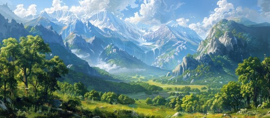 A painting showcasing towering mountain peaks surrounded by fluffy clouds in the sky, creating a...