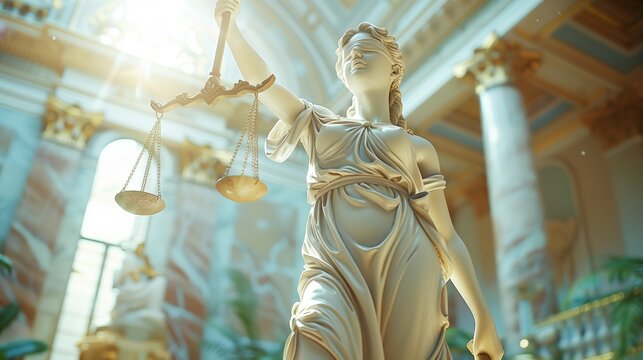 Statue of the goddess themis standing in the courtroom. the goddess of justice holds the scales. view from below.