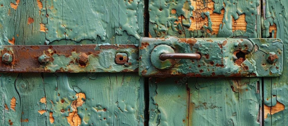 Poster detailed view of a weathered green door with visible rust patches, showcasing the effects of aging a
