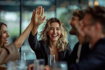An exuberant woman participates actively in a business meeting, raising her hand with a lively expression - obrazy, fototapety, plakaty