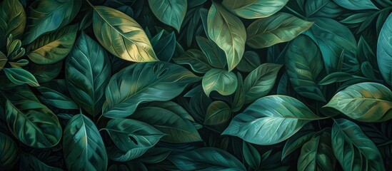 Detailed painting featuring vibrant green leaves set against a dark black background, showcasing the intricate patterns and textures of the foliage.