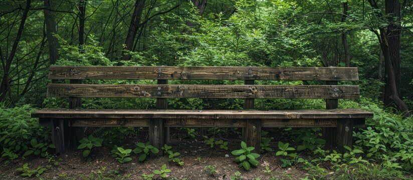 A weathered wooden bench stands amidst the lush greenery of a forest, surrounded by towering trees and chirping birds.