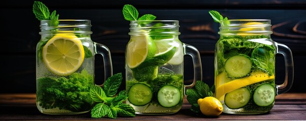 cold drink with basil, cucumber and lime. Mojito, lemonade with basil. Infused cucumber drink with mint. Detox water