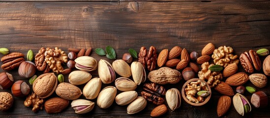Various nuts like almonds, walnuts, and pecans arranged on a rustic wooden tabletop.