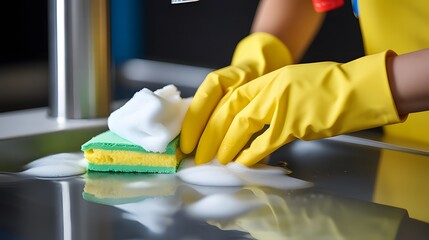 Precision in Action: Professional Housekeeper's Expert Hands Focus on Toilet Cleaning, Employing Advanced Tools for a Fresh Start in a Cleaner Home