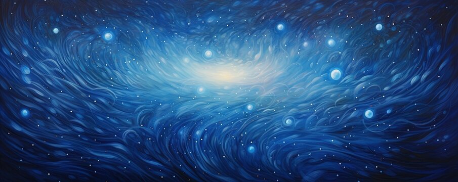 A dazzling blue abstract of glowing dots and swirling waves evokes a sense of light and energy, drawing the viewer in