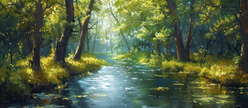 A painting showcasing a winding river flowing through a dense forest, capturing the serene beauty of natures waterways and lush greenery.