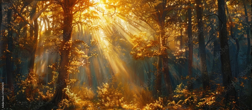 Poster the suns rays pierce through the dense foliage of a forest, casting intricate patterns on the ground