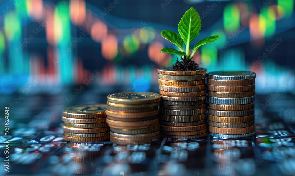 Poster stack of coins with small plant sprout growing out of it. stock chart on the background